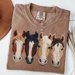 Faux Embroidered Horses Graphic Tee – Comfort Colors Brown Shirt